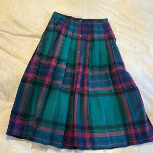 Vintage wool pleated skirt in purple, blue, teal and pink.